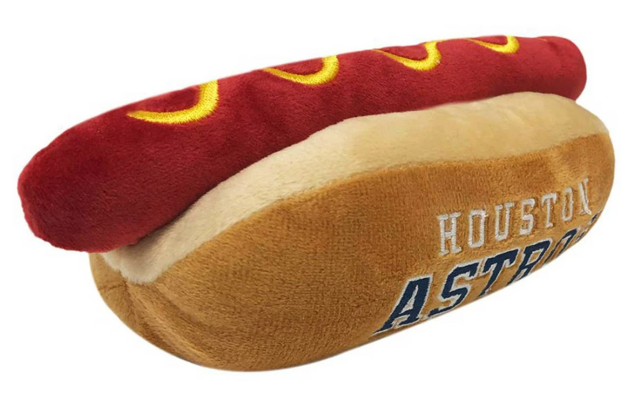 Pets First Houston Astros Hot Dog Shaped Squeaker Plush Dog Toy - Brown 2 Pets First Houston Astros Hot Dog Shaped Squeaker Plush Dog Toy - Brown - Image 2