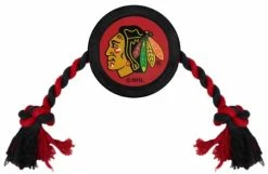 Pets First Chicago Blackhawks Rubber Hockey Puck And Tough Rope Pet Toy � Black