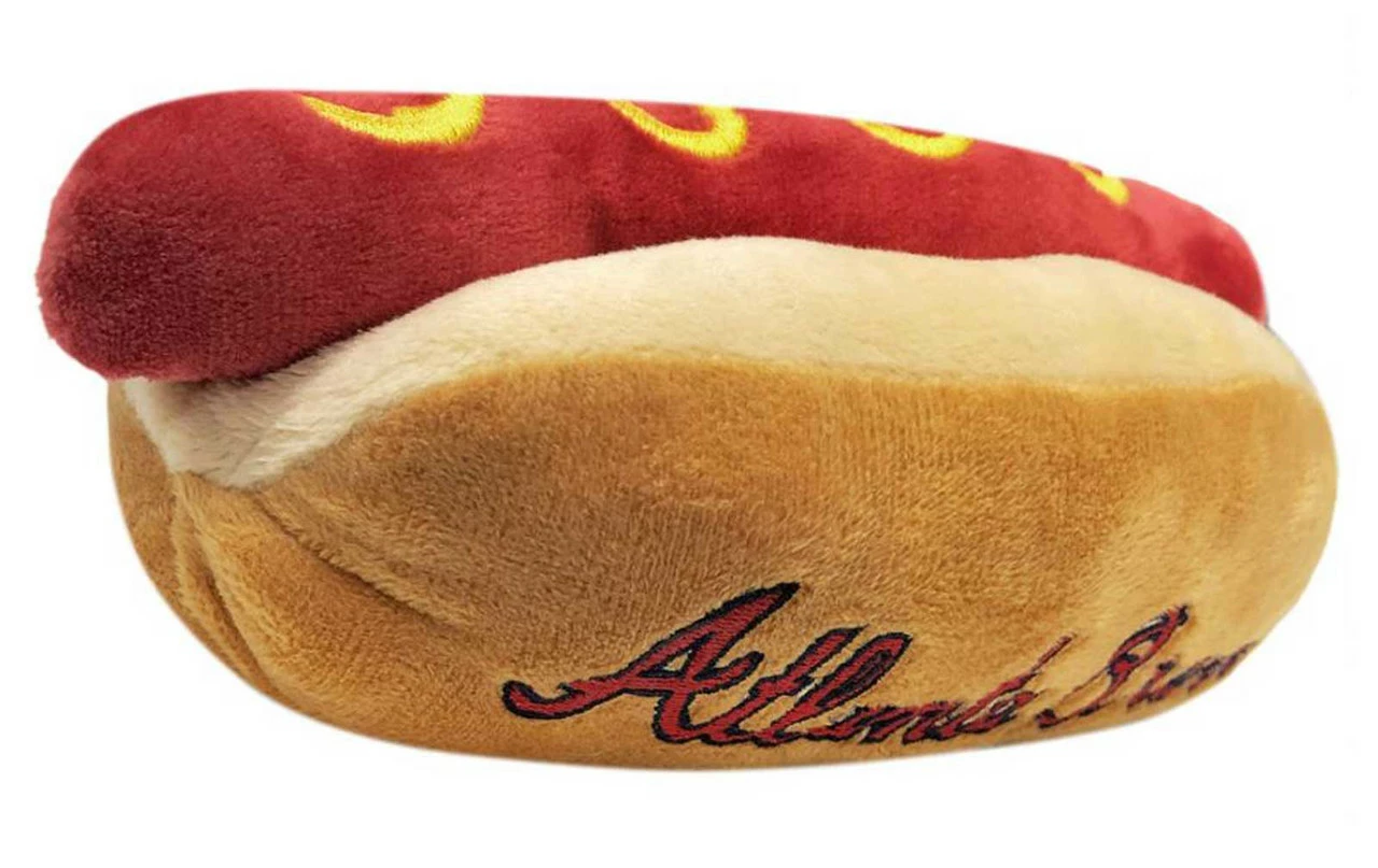 Pets First Atlanta Braves Hot Dog Shaped Squeaker Plush Dog Toy - Brown 2 Pets First Atlanta Braves Hot Dog Shaped Squeaker Plush Dog Toy - Brown - Image 2
