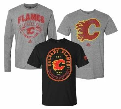 Adidas Men's NHL Calgary Flames Hockey (3 Pack) 2 L/S, 1 S/S Tees T-Shirt (S)