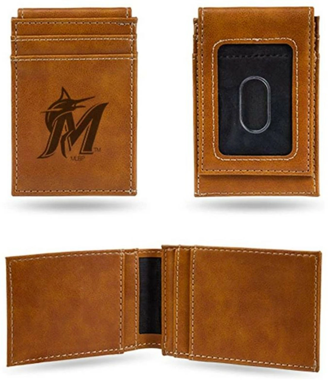 Rico Industries Miami Marlins Laser Engraved Brown Leather Front Pocket Wallet 1 Rico Industries Miami Marlins Laser Engraved Brown Leather Front Pocket Wallet