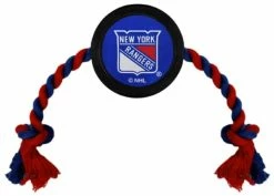 Pets First New York Rangers Rubber Hockey Puck And Tough Rope Pet Toy � Black